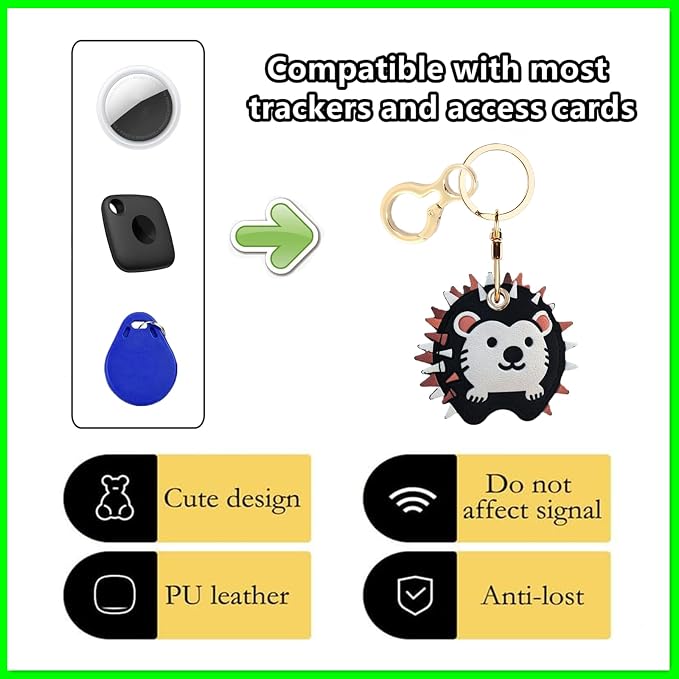 Leather Keychain Holder Case Compatible with AirTag,Cute Protective Cover with Keyring,Anti-Scratch Finder GPS Tracker Case for Wallet Keys,Bag,Pets,Backpack(Hedgehog)