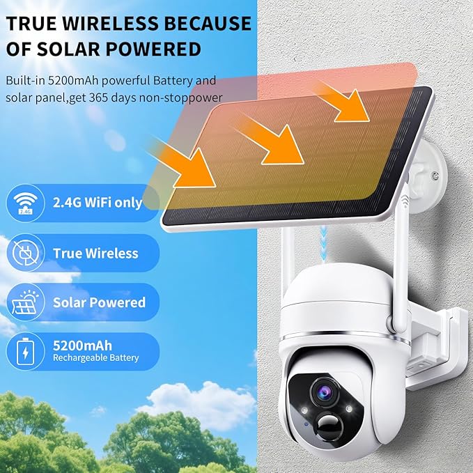 Goalake 3MP Solar Security Camera – Wireless Outdoor PTZ with 360°View, AI Motion Detection, 2-Way Talk, Spotlight & Siren, IP65 Weatherproof, Cloud/Up to 512GB SD Storage (Pre-Inserted a SD Card)