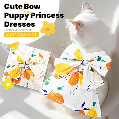 ABRRLO Cute Dog Dress Small Dog Clothes for Girls Female Puppy Outfits Yellow Lemon Pet Summer Clothes Bowknot Doggy Cat Princess Dress Harness for Holiday Birthday Party Costume Clothing(Yellow,M)