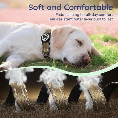 Airtag Dog Collar, Reflective Ultra-Durable Nylon Padded with QR Code Buckle & IP68 Waterproof Air Tag Holder Compatible for Apple AirTag, Comfortable for Small Medium Large Dogs(Brown,M)