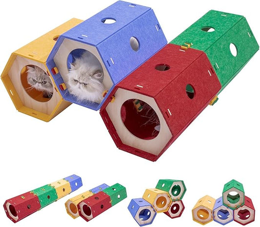 Cat Tunnel Bed for Indoor Cats, DIY Modular Felt Pet Tunnel Toy, 8 Way Hiding Large Rabbit Play Scratch House, Expandable Hideaway Peekaboo Kitten Cave, Hideout Cube, Washable Kitty Circle Tube, 1 Set