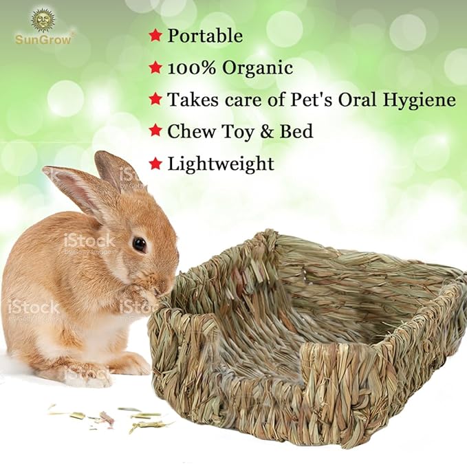 SunGrow Portable Grass Bed for Rabbits, Handmade and Washable Basket, Chew Toy, Easy to Dry, Sleeping, Chewing, Nesting Pad, Small Animal Bunny Bedding