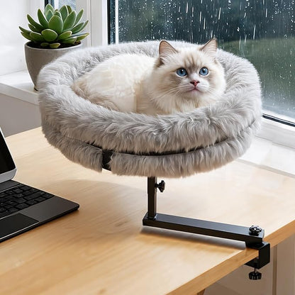 Cat Bed for Desk 360 Rotating with Adjustable Height, Removable Desk Mounted Kitty Bed with Soft Fur, Desktop Cat Hammock Supports 33 lbs for Table Home Office Indoor