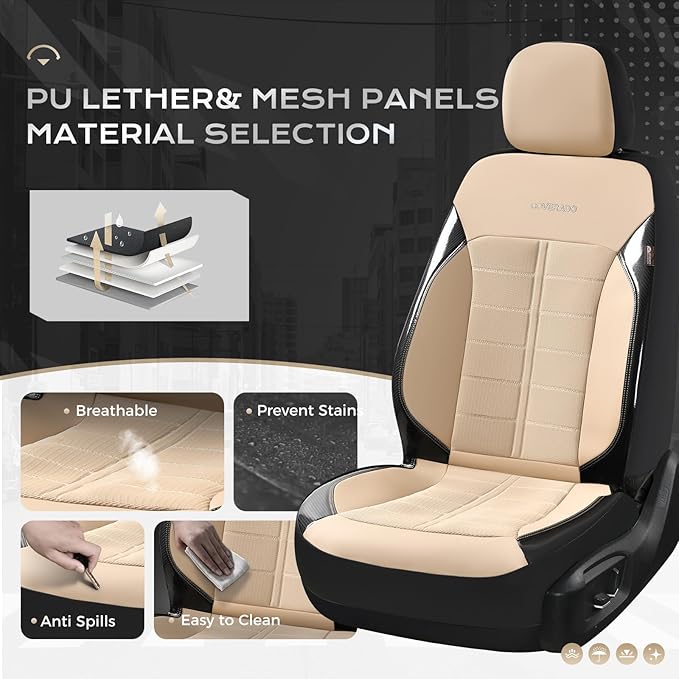 Coverado 3D Air Mesh Rear Car Seat Cover, Sports Carbon Fiber Design, Breathable Seat Protectors Airbag Compatible Comfort Universal for Most Cars, Van,Trucks, SUV, Beige
