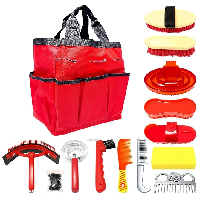 14PCS Horse Grooming Kit, Professional Brush Supplies Set for Bathing & Care, Mane Tail Curry Comb, Sweat Scraper Hoof Pick, Waterproof Storage Tote Bag for Shining, Detangling, Gifts for Riding Lover