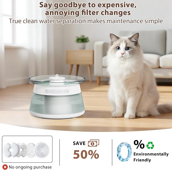 2.5L/85oz Smart Glass Cat Water Fountain, Automatic Filterless Pet Fountain with Dual Tank Separation System, 3 Smart Modes for Cats, Multiple Pets