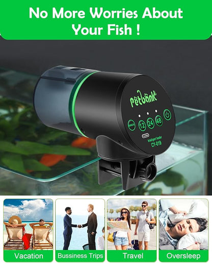 Automatic Fish Feeder for Aquarium - Auto Fish Food Dispenser Rechargeable for Small Large Tank with USB Charger Cable，12/24/48H Interval Esay Set Up (Black, CY-019)