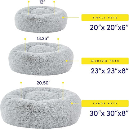 Dog & Cat Bed: Round Faux Fur Pet Bed - Plush, Cozy, & Calming Donut Bed for Small Pets - Soft & Comfortable Sleeping Cushion for Napping & Lounging, 20" Round, Silver