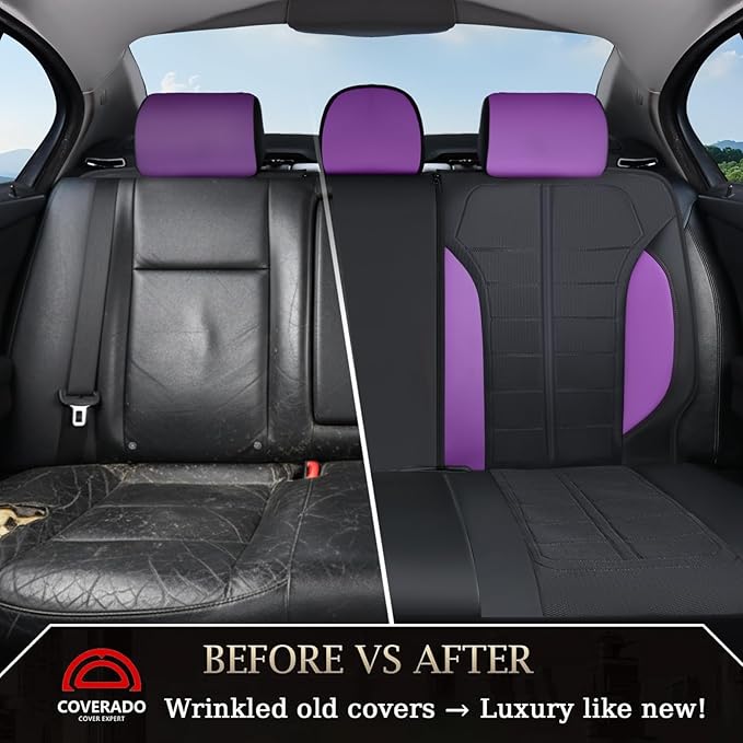 Coverado 3D Air Mesh Rear Car Seat Cover, Sports Carbon Fiber Design, Breathable Seat Protectors Airbag Compatible Comfort Universal for Most Cars, Van,Trucks, SUV, Black&Purple