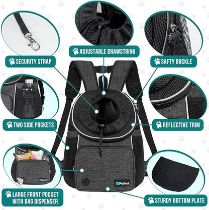 PetAmi Adjustable Dog & Cat Chest Carrier Backpack, Ventilated for Hiking & Camping, Small to Large Pets Up to 15 lbs, Dark Gray