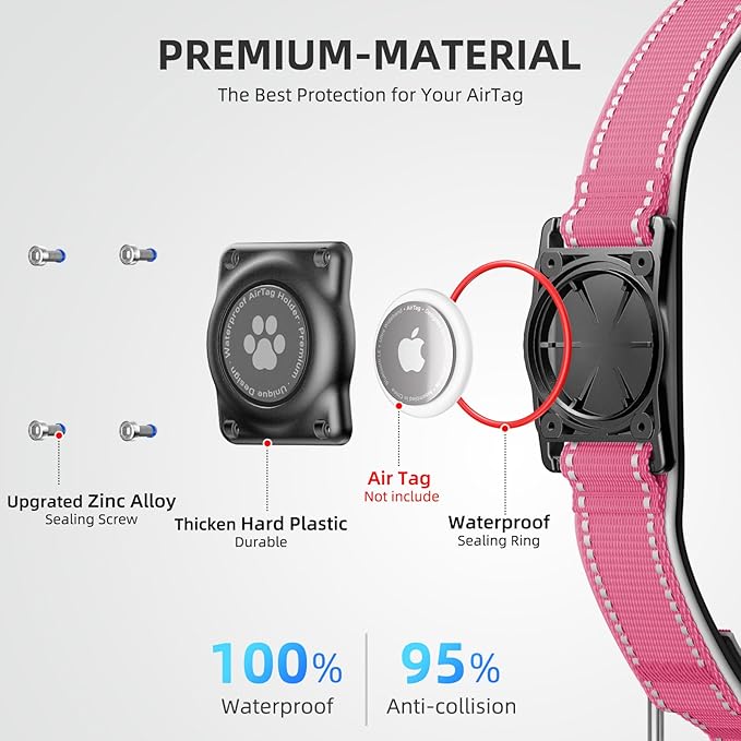AirTag Dog Collar, IP68 Waterproof Air Tag Dog Collar Holder, Reflective, Ultra-Durable, Comfortable Padded, Heavy Duty Dog Collars for Small Medium Large Dogs (Watermelon red, XL)