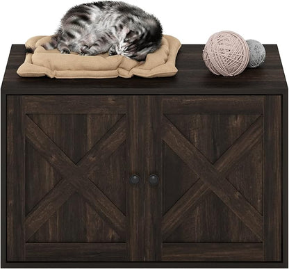Furinno PELI Cat Litter Box Enclosure, Farmhouse Hidden Litter Box Furniture with Side Entrance, Wooden Pet House with Slatted Door, Easy Assembly, for Living Room, Ebony