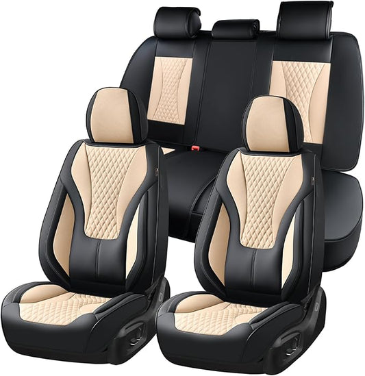 Coverado Waterproof Nappa Leather Car Seat Covers, Automotive Fullset Seat Covers, 5 Seat Car Seat Cushion & Seat Protector, Black&Beige Front and Rear Covers Universal Fit for Most Cars, SUVs, Trucks