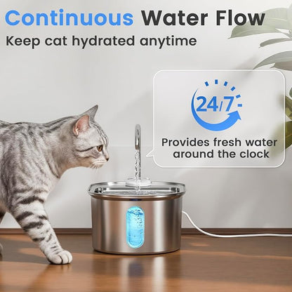 Cat drinking from a stainless steel water fountain with text highlighting continuous water flow.