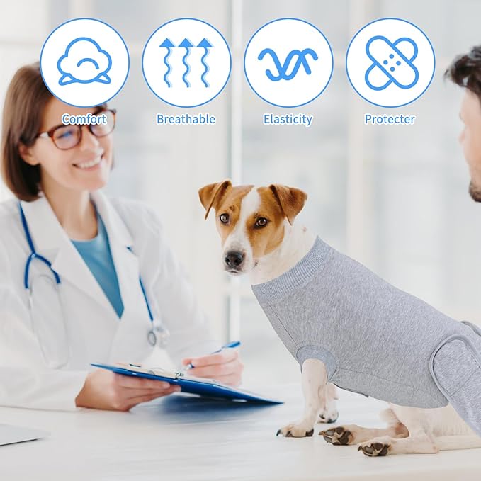 2 Packs Breathable Cotton Dog Recovery Suit for After Neuter Spay Abdominal Wounds Protector, Professional Anti-Licking Onesies for Male Female Pets Surgery Bandages, M Grey Blue Pure