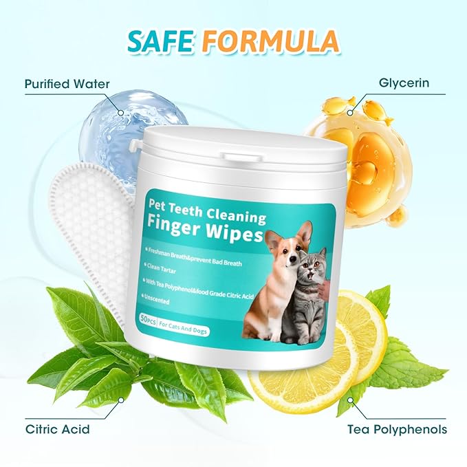 Dog Teeth Cleaning Wipes,Safe & Nautre Pet Dental Finger Wipes Help Dogs and Cats Remove Plaque&Tartar,Disposable Cat Dental Care Wipes 50 Counts (Odorless)
