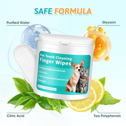 Dog Teeth Cleaning Wipes,Safe & Nautre Pet Dental Finger Wipes Help Dogs and Cats Remove Plaque&Tartar,Disposable Cat Dental Care Wipes 50 Counts (Odorless)