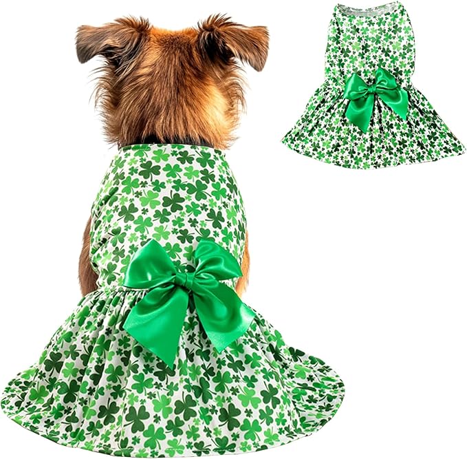 St. Patrick's Day Dog Costume Dress L, Green Clover Print with Satin Bow, White Pet Dress for 11-13 lbs Dogs and Cats, Holiday Party Clothing