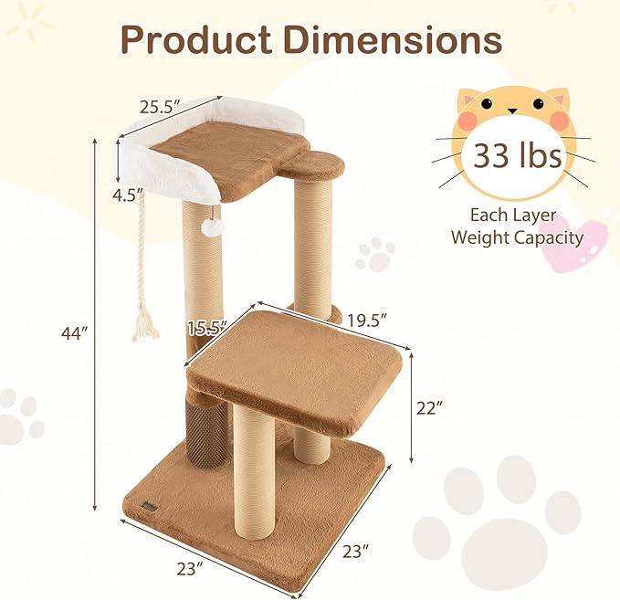 PETSITE 44-inch Modern Cat Tree for Indoor Cats, Multi-Level Cat Tower with Paper Rope Scratching Posts, Self Groomer, Sisal Rope, Soft Faux Rabbit Fur Covered Platforms, and Dangling Ball