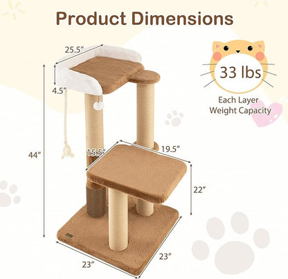 PETSITE 44-inch Modern Cat Tree for Indoor Cats, Multi-Level Cat Tower with Paper Rope Scratching Posts, Self Groomer, Sisal Rope, Soft Faux Rabbit Fur Covered Platforms, and Dangling Ball