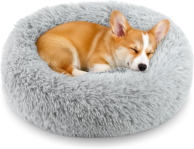 Calming Anti-Anxiety Donuts Dog and Cat Bed for Indoor Cats, Round Fluffy Soft Washable Large Pet Bed for Puppy and Kitten, Warming Comfortable Luxury Anti-Slip Waterproof Mute Base 28in Gray