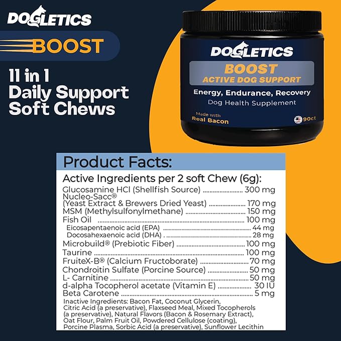 Boost Active Dog Support: Improve Energy, Endurance, Recovery & Longevity- 90ct USA Made with Real Bacon