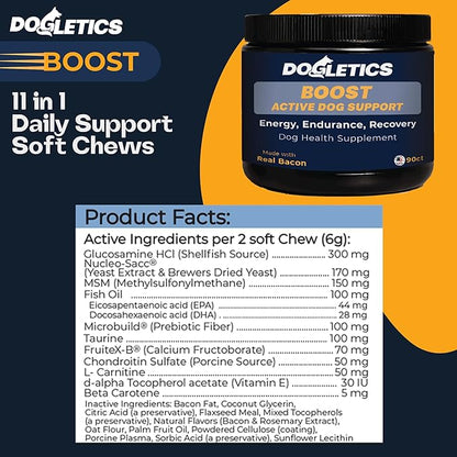 Boost Active Dog Support: Improve Energy, Endurance, Recovery & Longevity- 90ct USA Made with Real Bacon