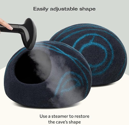 MEOWFIA Cat Cave – Premium Felt Cat Bed for Indoor Cats, Handmade 100% Merino Wool, Cat (Large, Black Aqua) (Pack of 2)