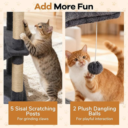 DORTALA 75" Tall Modern Cat Tree, Multi-Level Cat Tower with Large Condos, Sisal Scratching Posts, Top Perch, Hammock, Dangling Balls, Kitten Beds & Climbing Furniture for Indoor Cats (Grey)