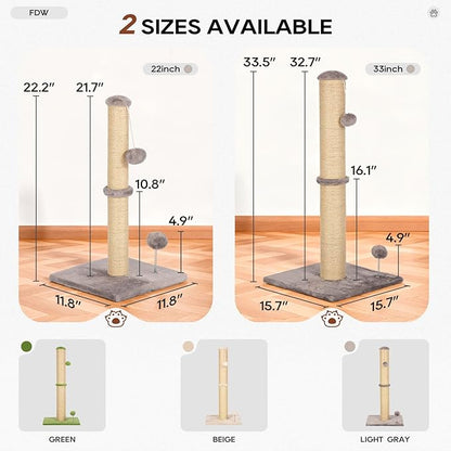 FDW 33 Inch Cat Scratching Post Cat Scratcher Natural Sisal Rope Scratch Post Trees with Hanging Ball for Indoor Cats and Adults,Light Gray