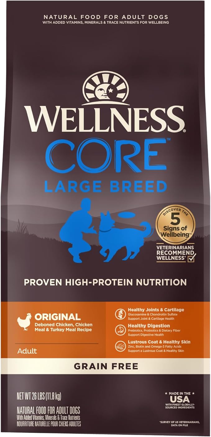 Wellness CORE Large Breed Puppy Dry Dog Food, Grain Free Kibble, Natural, High Protein, Chicken and Turkey Recipe, 26 lb Bag