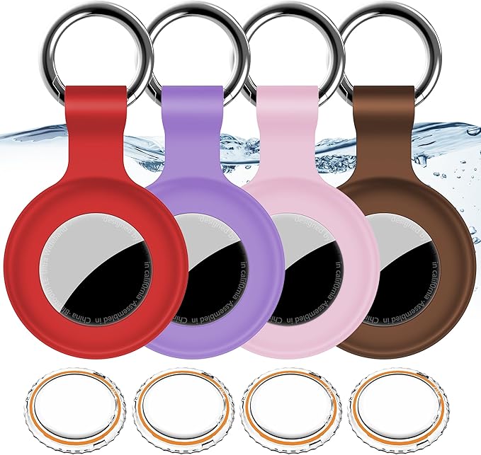 1|2|4Pack for Apple AirTag Holder,For Air Tag 2nd &1st Genaretion,Waterproof GPS Tracker Air Tag Keychain with Cover Anti-Scratch Silicone for Air-Tag Case for Pets,Kids,Luggages-Red+Pink+Purple+Brown