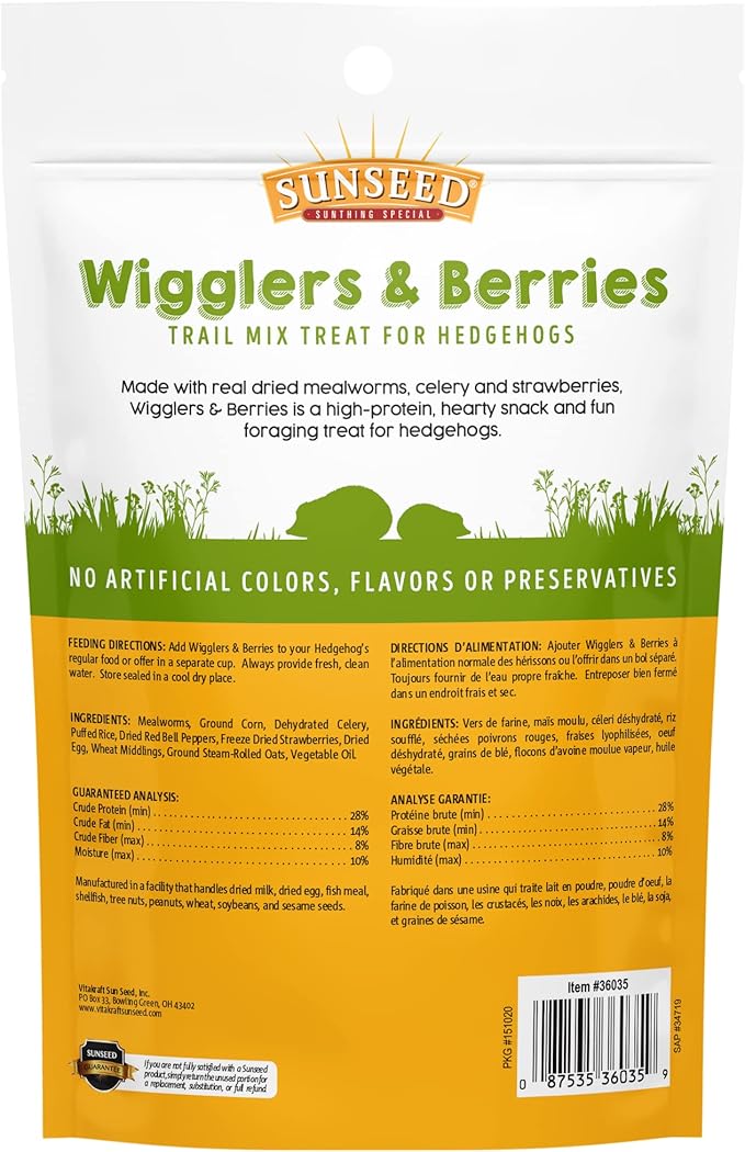 Sunseed Vita Prima Wigglers & Berries Hedgehog Treat - Mealworms for Hedgehogs - Small Animal Trail Mix Snack (Pack of 2)