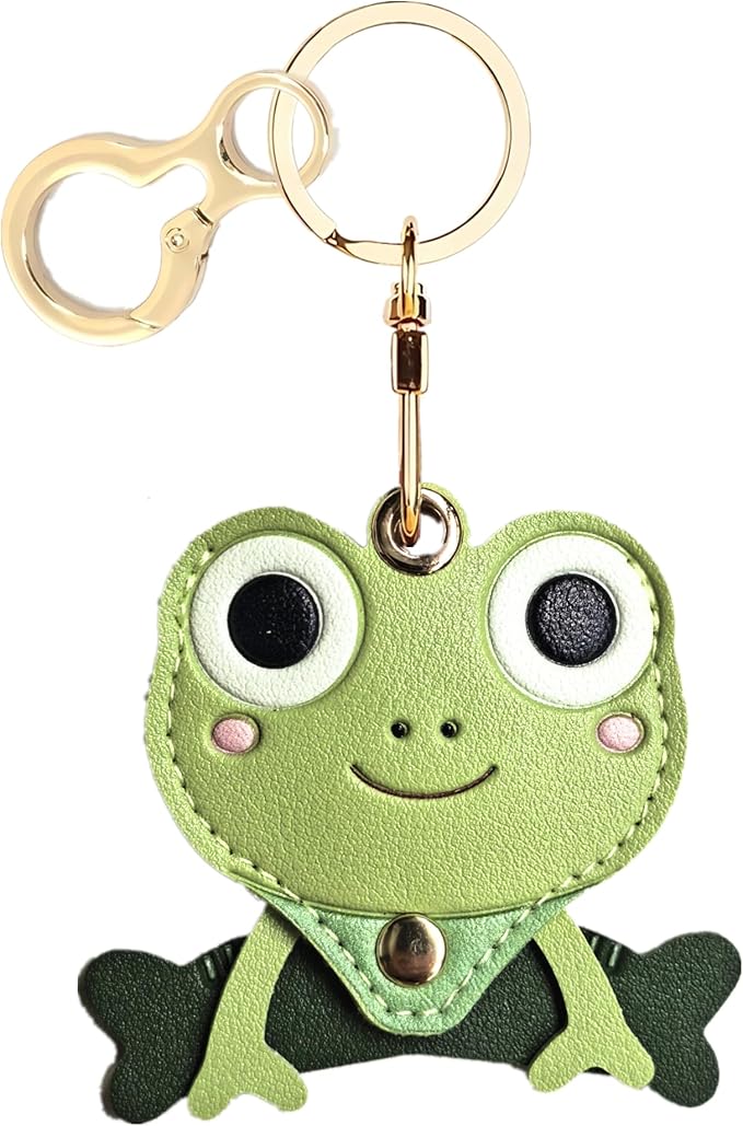 Leather Keychain Holder Case Compatible with AirTag,Cute Protective Cover with Keyring,Anti-Scratch Finder GPS Tracker Case for Wallet Keys,Bag,Pets,Backpack(Frog Green)