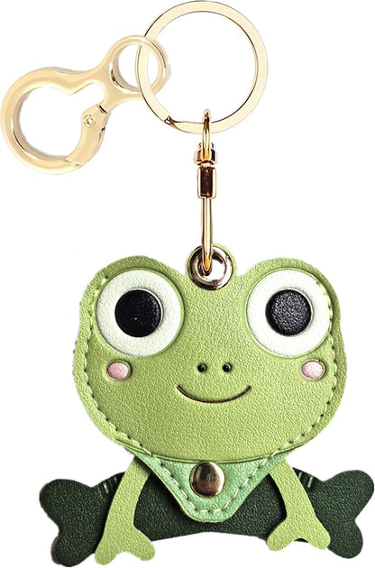 Leather Keychain Holder Case Compatible with AirTag,Cute Protective Cover with Keyring,Anti-Scratch Finder GPS Tracker Case for Wallet Keys,Bag,Pets,Backpack(Frog Green)