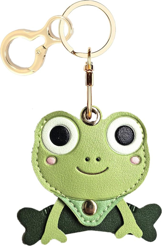 Leather Keychain Holder Case Compatible with AirTag,Cute Protective Cover with Keyring,Anti-Scratch Finder GPS Tracker Case for Wallet Keys,Bag,Pets,Backpack(Frog Green)