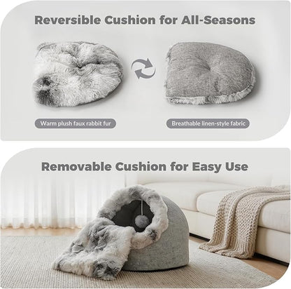 Avont Cat Bed Cave for Indoor Cats, Semi-Enclosed Cat House with Anti-Slip Bottom & Removable Washable Cushion, Warm Plush Cat Tent for Kittens & Puppy -M