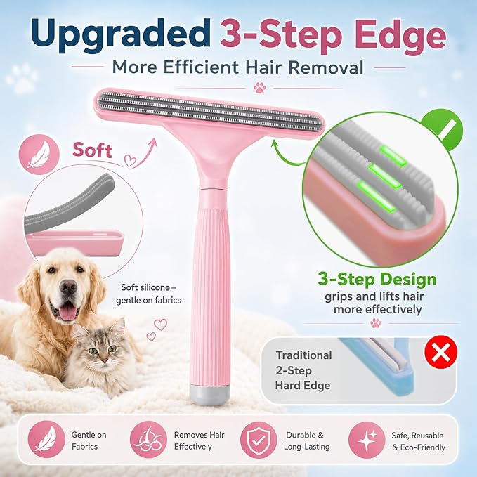 2 Pack Reusable Pet Hair Remover and Fabric Lint Scraper Set, Pink | Double-sided lint remover and flexible fabric scraper for dog cat hair on clothes, sofas, bedding, rugs and car seats.