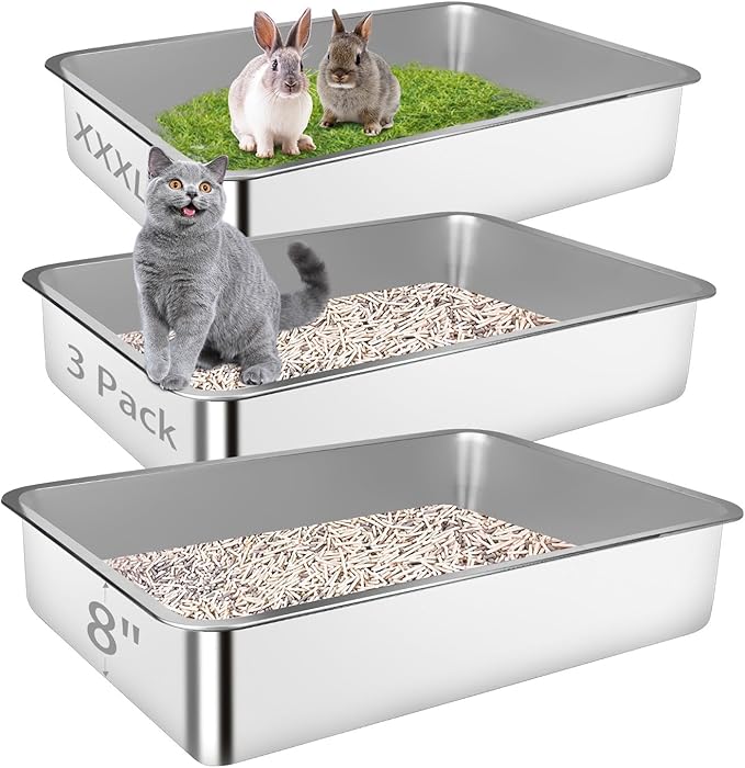 3 Pack Stainless Steel Litter Box, 27.6"x19.7"x8" XXXL Metal High Sided Cat Litter Pan, Extra Large Stainless Steel Box Splash-Proof and Non-Stick Cat Poop Box Odorless