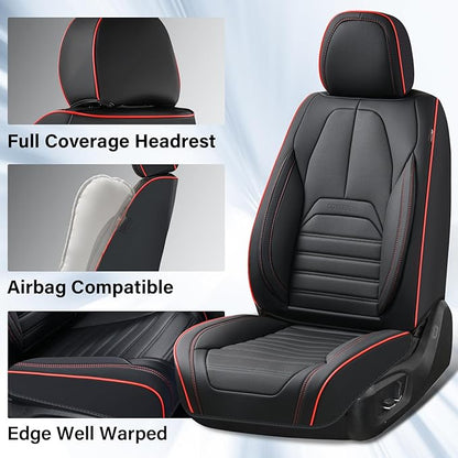 Coverado Car Seat Covers Front Seats, Automotive Seat Covers, Waterproof Nappa Leather Car Seat Cover, Car Seat Cushion, Black Redline Seat Covers Carseat Cover Universal Fit for Most Cars