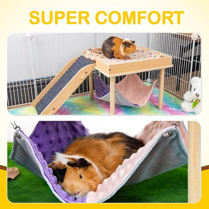 BESNEW Enlarged Guinea Pig Hammock with Platform and Stairs,Wooden Small Animal Hideout for Guinea Pigs Bunny Ferret Hamster Hiding Sleeping Activities(Single)
