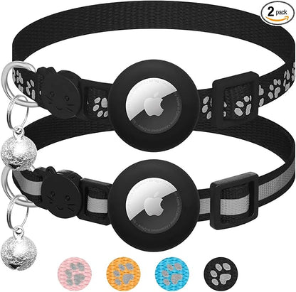 2 Pack Airtag Cat Collar Breakaway with Bell,Reflective Kitten Collar with Apple Airtag Cat Collar Holder,Adjustable 7-12In,Safety Buckle for Girl Boy Cats,Pet Supplies,Accessories,Gifts (Black)