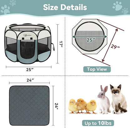 Siedihit Dog Playpen with 2 Washable Pee Pad, Puppy Pet Cat Playpen Small AnimalsTent Crate Indoor/Outdoor, Portable Pop Up Kennel with Carrying Case(Grey with 2 Pads, Small)