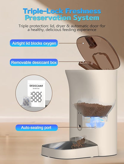 Automatic Cat Feeder with 3MP Camera,2K HD Video with Night Vision,5G/2.4G WiFi Pet Feeder with 2-Way Audio,App-Controlled Timed&Blockage Sensor,Detachable for Easy Cleaning with Desiccant for Cat/Dog