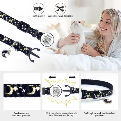 Reflective Moon & Star Cat Collar Breakaway with QR Code Smart ID tag & Bells, 2 Pack Girl Boy Pet Cat Collar Adjustable 7.5-12.5 Inch,boy & Girl Cats .No app(Pink)
