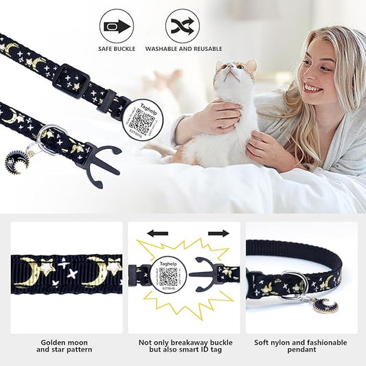3 Pack Airtag Cat Collar, Breakaway Cat Airtag Collar with Gold Moons and Stars Lightweight Kitten Collar for Apple Air tag,GPS Tracker Holder for Cats, Kittens Cat Collar(Black & Blue & Pink)