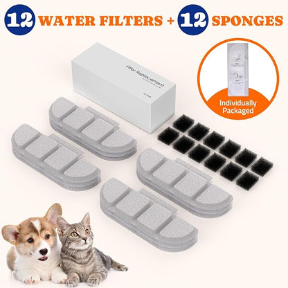 Pawtners 12 Packs Replacement Filters for WF008A 4L Cat Water Fountain | Multiple Filtration Material, For Pet Cats Dogs Stainless Steel Water Fountains