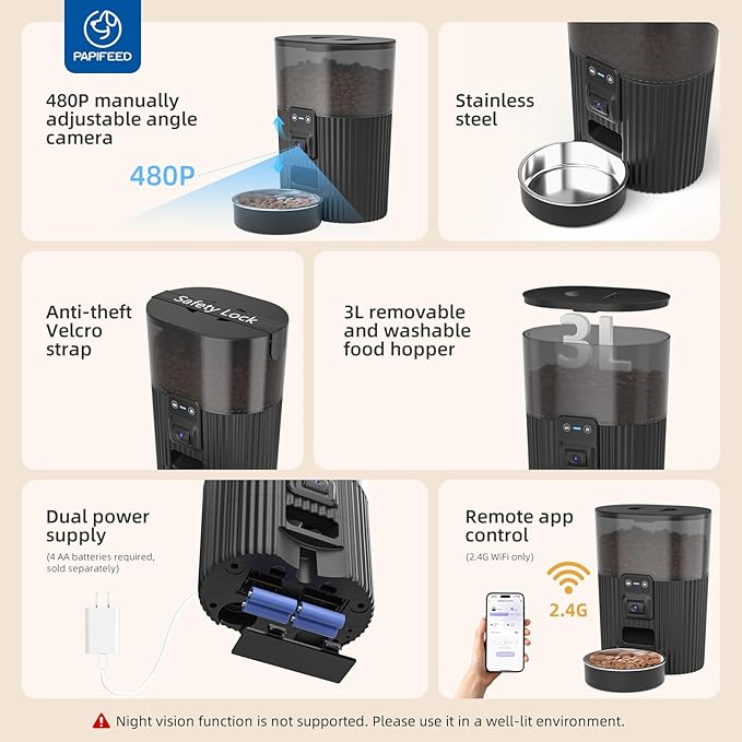 PAPIFEED Automatic Cat Feeder with Camera, Adjustable Angle 2.4G WiFi Pet Feeder 3L/12 Cup Timed Dispenser,Timed Feeder for Remote Feeding with Stainless Steel Bowl up to 10 Meals Per Day with APP