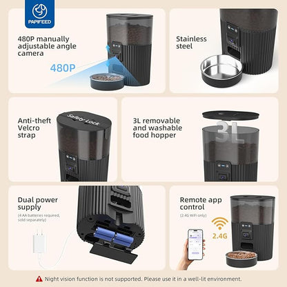 PAPIFEED Automatic Cat Feeder with Camera, Adjustable Angle 2.4G WiFi Pet Feeder 3L/12 Cup Timed Dispenser,Timed Feeder for Remote Feeding with Stainless Steel Bowl up to 10 Meals Per Day with APP