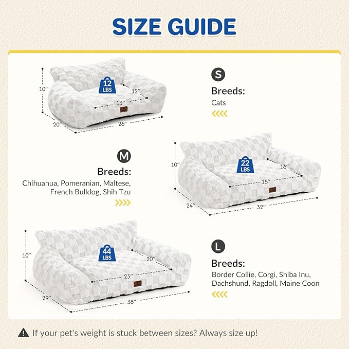 ABCPET Large Dog Bed Sofa, Fluffy Pet Bed for Medium and Large Dogs, Supportive Dog Couch Sofa for Dogs, Pet Sofas with Washable Cover & Non-Slip, 38 inch, White